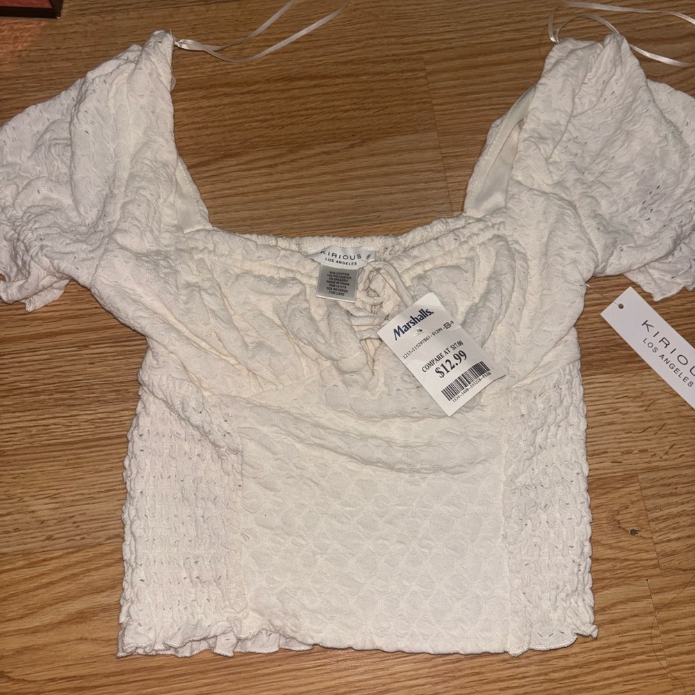 Marshalls Cream Smocked Tie Front Blouse Short Sleeve